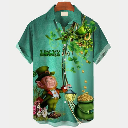 St. Patrick's Day Green Shamrock Dinosaur Fun Print Hawaiian Shirt Plus Size Vacation Shirt PO0144