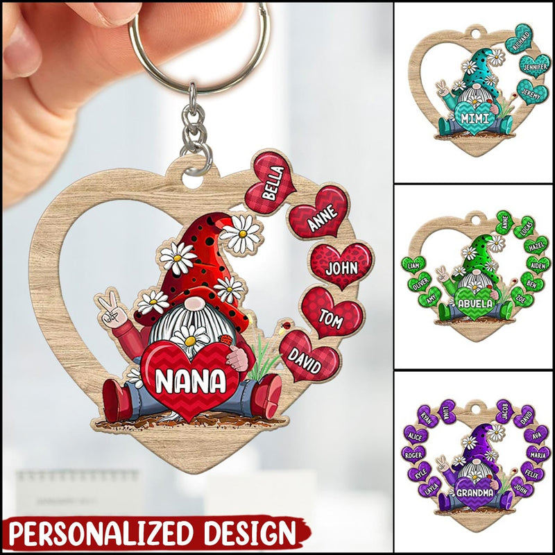 Gnome Heart Grandma- Mom With Grandkids Personalized Mommy, Nana, Grandma Wooden Keychain KO0274