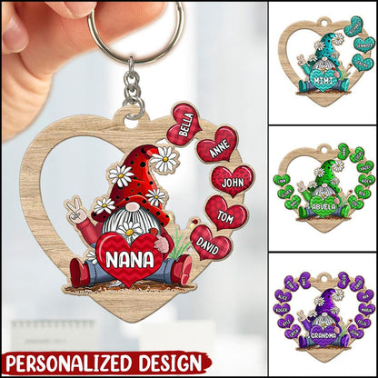 Gnome Heart Grandma- Mom With Grandkids Personalized Mommy, Nana, Grandma Wooden Keychain KO0274