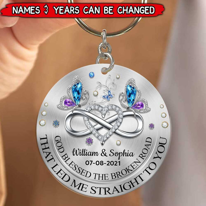 Sparkling Heart Infinity Butterfly Couple, God Blessed The Broken Road Personalized Acrylic Keychain KO0100