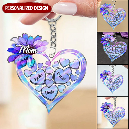 Hologram Sunflower Grandma Mom Heart Loads Of Love Kids Personalized Acrylic Keychain KO0292