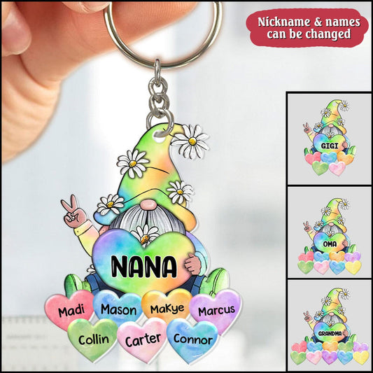 Colorful Pastel Rainbow Gnome Grandma Mom Little Heart Kids Personalized Keychain KO0280