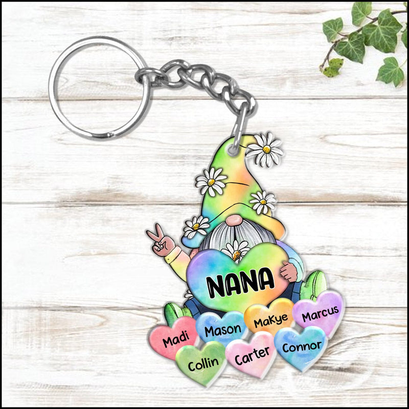 Colorful Pastel Rainbow Gnome Grandma Mom Little Heart Kids Personalized Keychain KO0280