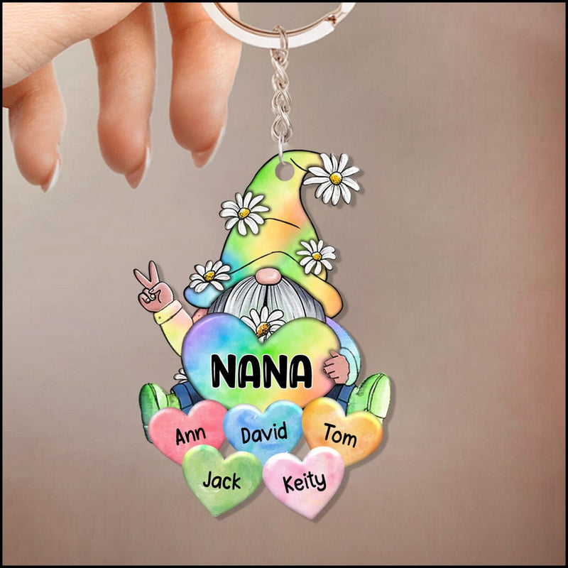 Colorful Pastel Rainbow Gnome Grandma Mom Little Heart Kids Personalized Keychain KO0280