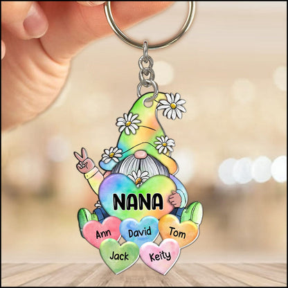 Colorful Pastel Rainbow Gnome Grandma Mom Little Heart Kids Personalized Keychain KO0280