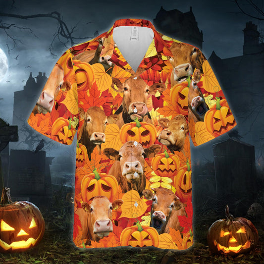 Autumn Leaf Limousin Cattle Pumpkin Hawaiian Shirt HO5351