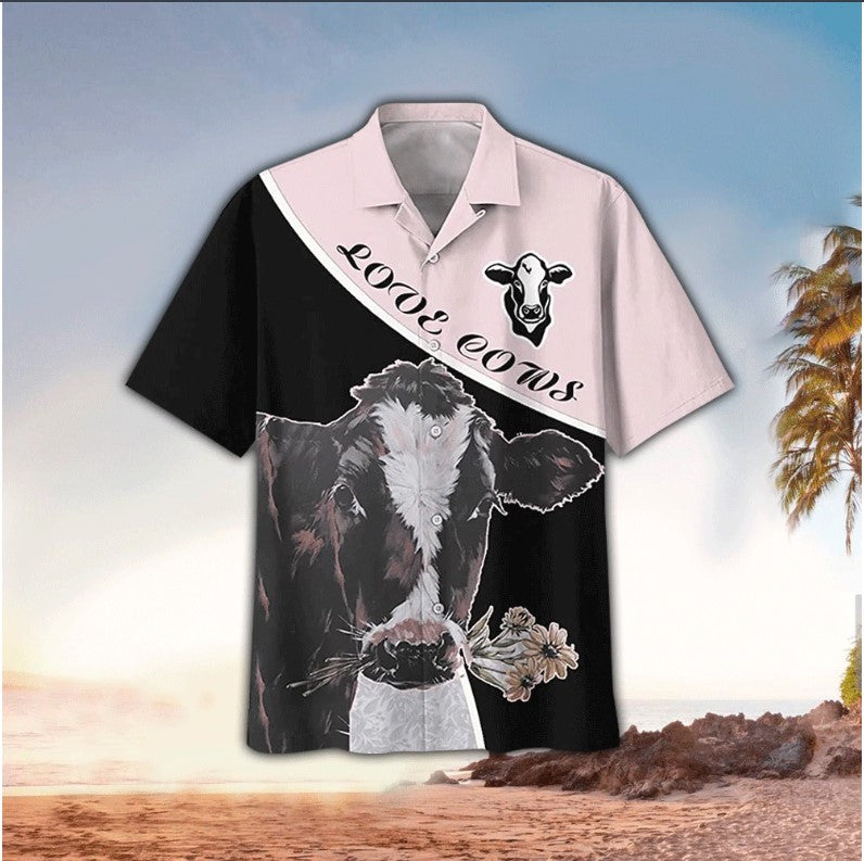 Love Cows Cow Flower Art Casual Button Down Short Sleeves Unisex Hawaiian Shirt, Hawaii Shirt Men HO2259