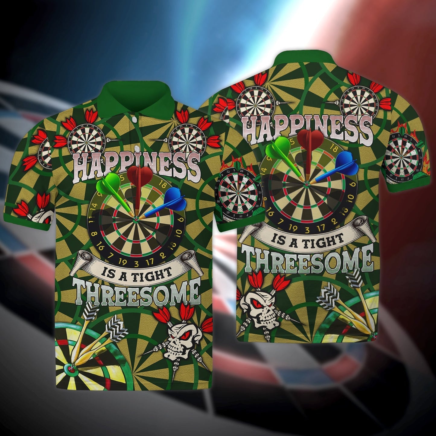 Happiness Is A Tight Threesome Darts Polo Shirt, 3D All Over Print Dart and Skull Shirt DMO0221