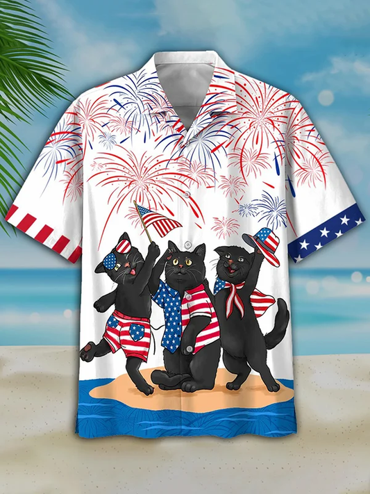 Men's Independence Day Is Coming Cat Print Casual Hawaiian Shirt, USA Patriotic Hawaiian Shirt HO0727