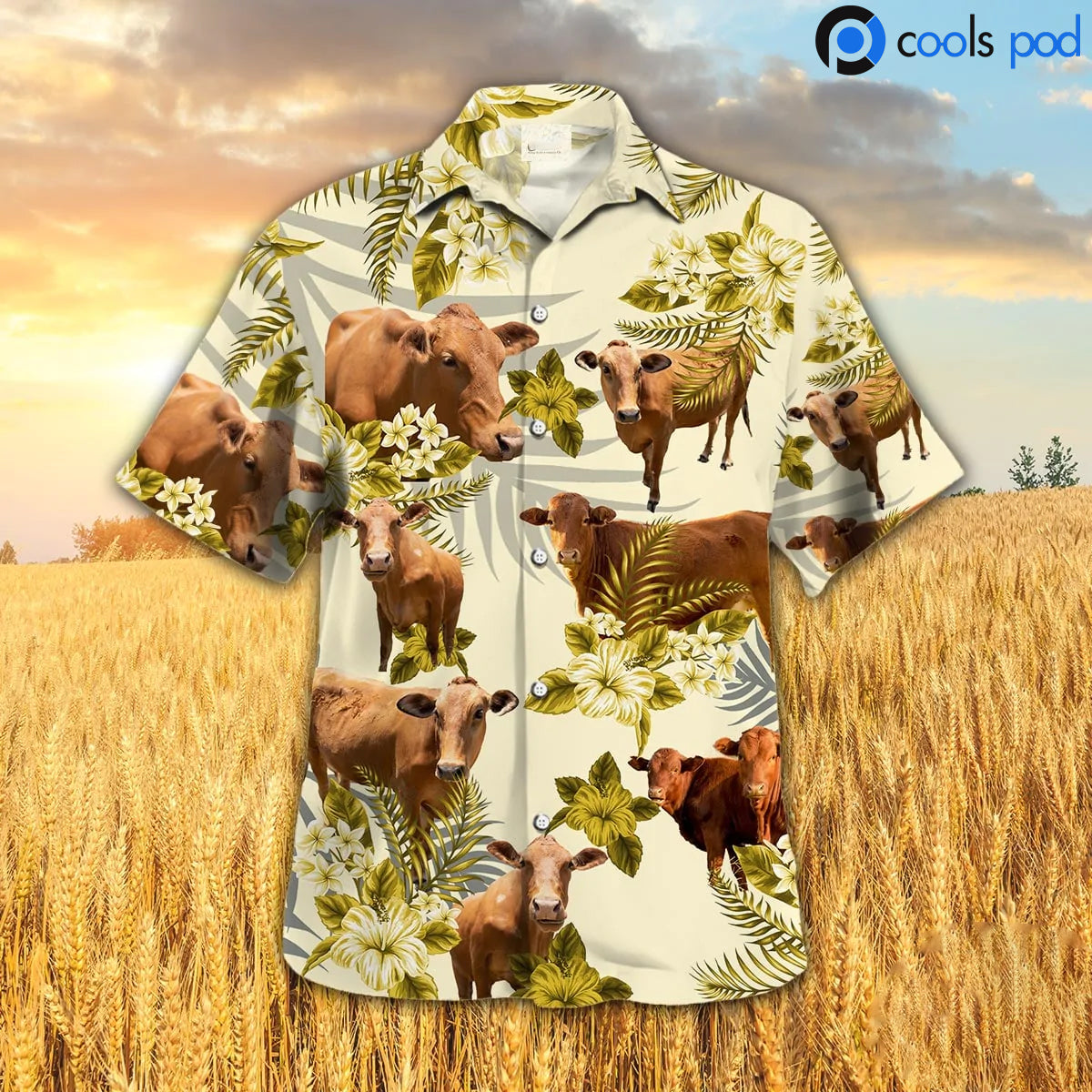 Beefmaster Hibiscus Hawaiian Shirt, Cute Yellow Farm Hawaii Shirts Short Sleeve HO4711