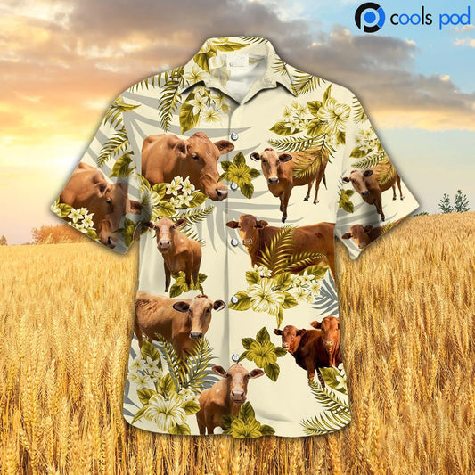 Beefmaster Hibiscus Hawaiian Shirt, Cute Yellow Farm Hawaii Shirts Short Sleeve HO4711