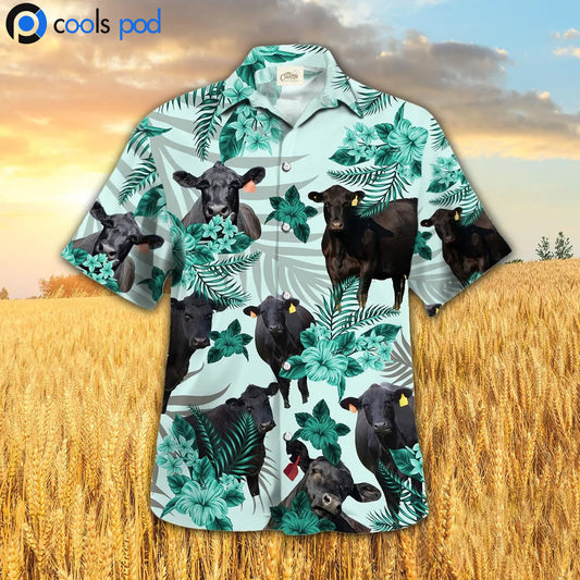 Black Angus Hawaiian Shirt Hibiscus Pattern, Cow Hawaii Aloha Beach Shirt HO0349