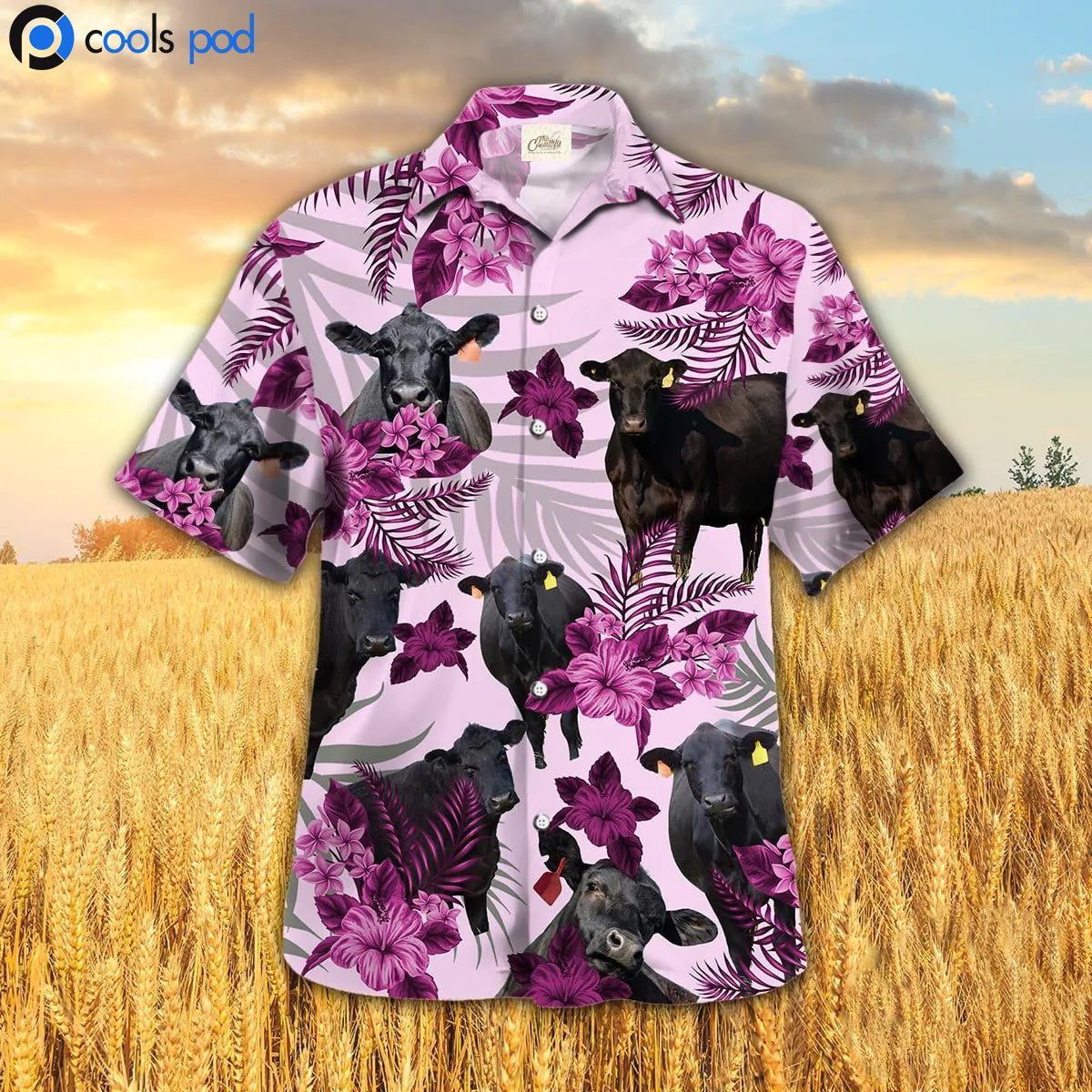 Black Angus Hibiscus Hawaiian Shirt, Pink Farm Hawaiian Shirt Short Sleeve, Hawaiian Shirts HO0350