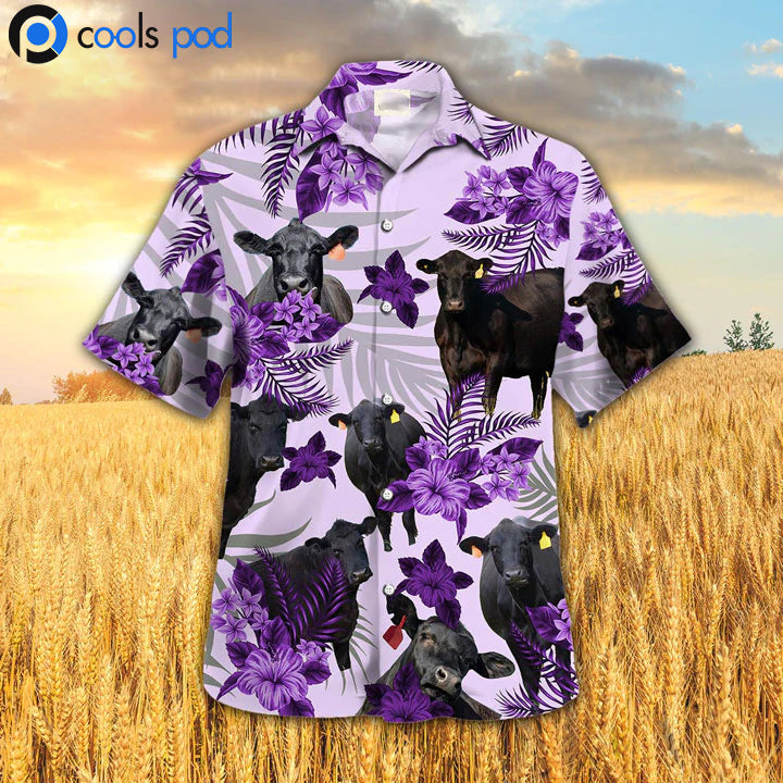 Black Angus Hibiscus Hawaiian Shirt For Men Women, Purple Hawaiian Shirt Short Sleeve For Men Women HO4668