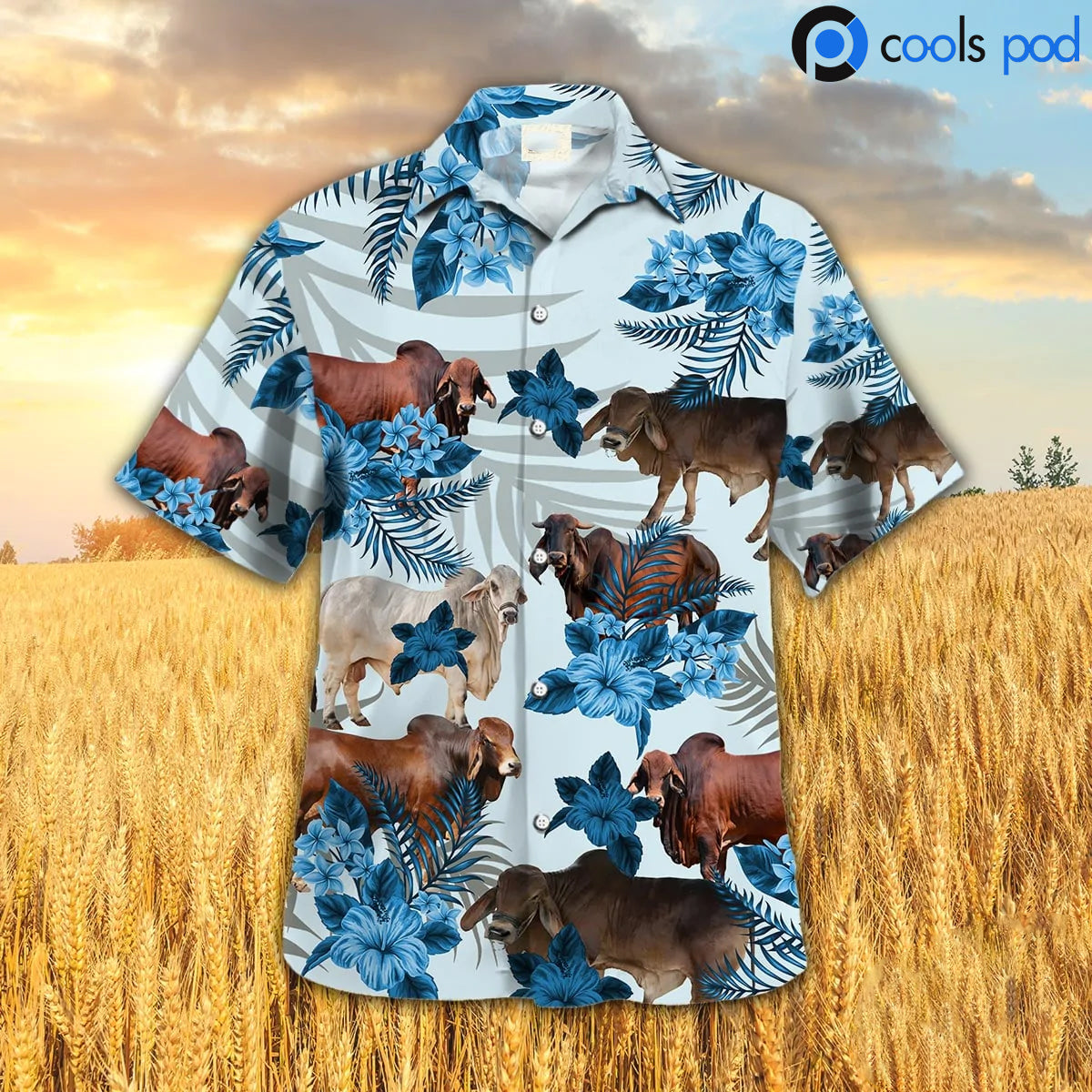 Brahman Full Colors Hibiscus Hawaiian Shirt, Farm Cow Blue Hawaiian Shirts, Men Hawaii Shirt HO4705