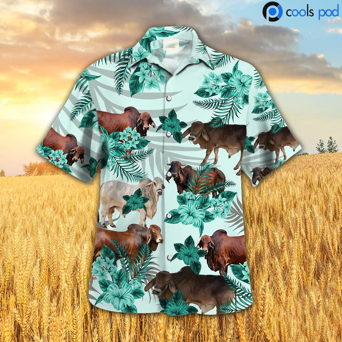 Brahman Hibiscus Hawaiian Shirt, Green Cow Hawaii Aloha Shirt, Farm Hawaiian Shirt For Men Women HO4708