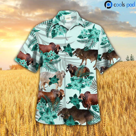 Brahman Hibiscus Hawaiian Shirt, Green Cow Hawaii Aloha Shirt, Farm Hawaiian Shirt For Men Women HO4708