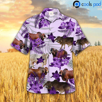 Brahman Full Colors Hibiscus Hawaiian Shirt, Farm Cow Purple Hawaiian Shirts HO0353