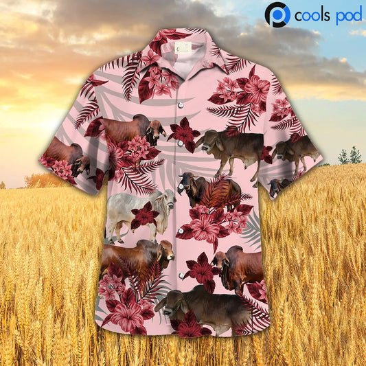 Brahman Hibiscus Hawaiian Shirt, Red Farm Cow Hawaiian Shirt, Hawaiian Shirt Men Women HO4710