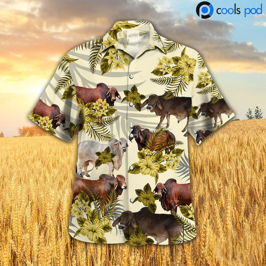 Brahman Hibiscus Hawaiian Shirt, Yellow Farm Cow Hawaiian Shirt, Hawaiian Shirt Short Sleeve Premium HO4665