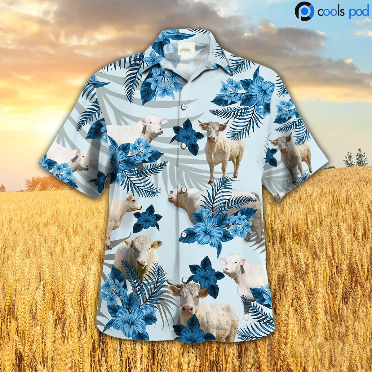 Charolais Hibiscus Pattern Hawaiian Shirt, Blue Farm Hawaiian Shirt For Men Women HO4698