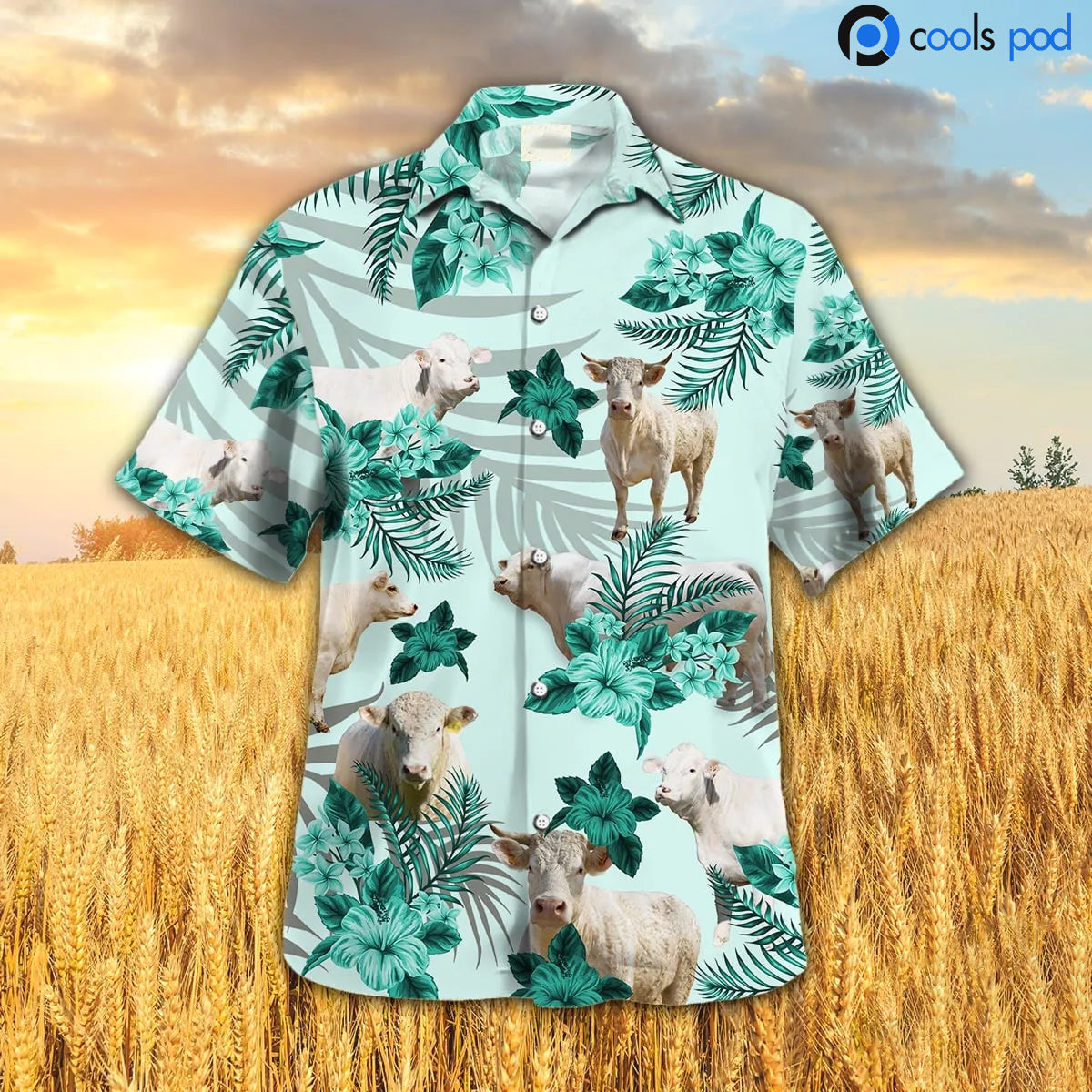 Charolais Hibiscus Pattern Hawaiian Shirt, Green Farm Hawaiian Shirt For Famr Lover HO4702