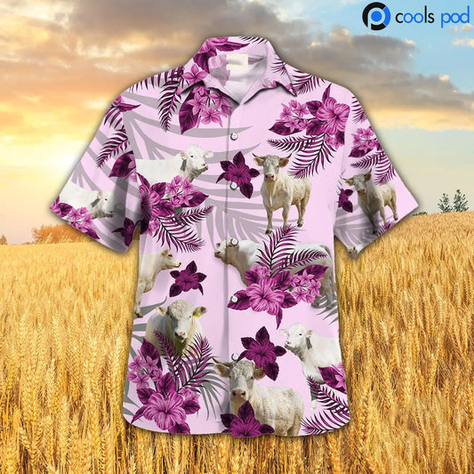 Charolais Hibiscus Hawaiian Shirt, Pink Hawaiian Shirt All Over Printed Cow Floral HO4662