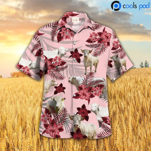 Charolais Hibiscus Hawaiian Shirt, Red Hawaiian Shirt For Farmer, Farm Hawaii Shirts HO4700