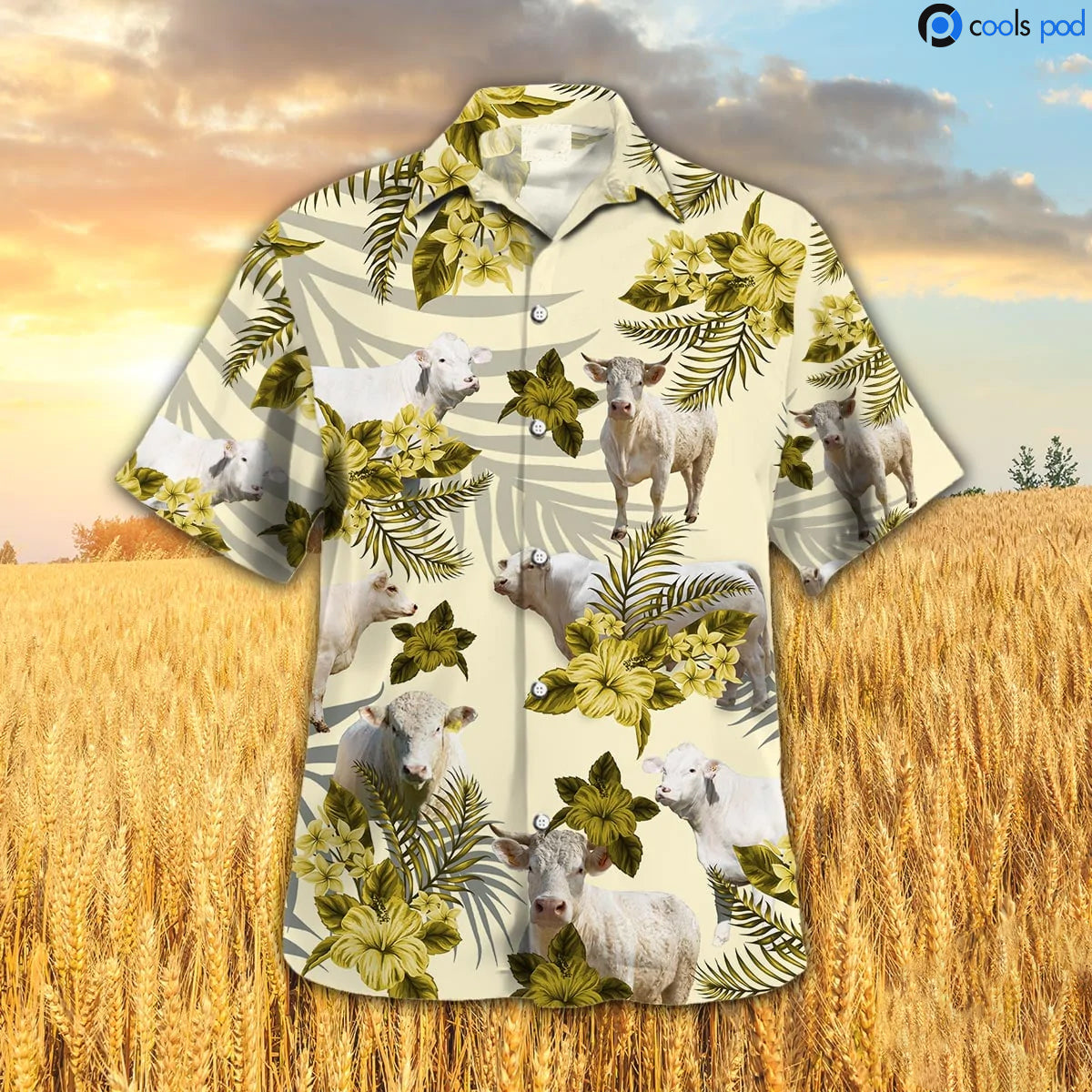 Charolais Hibiscus Hawaiian Shirt, Yellow Hawaiian Shirt For Farmer, Cute Hawaii Shirt Men Women HO4699