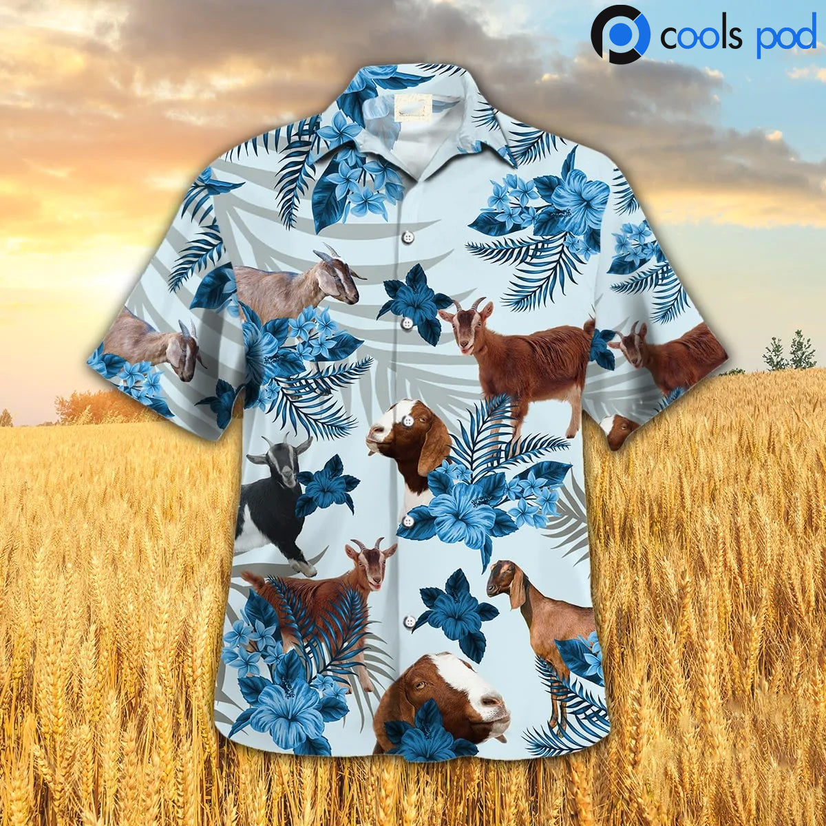 Goat Hibiscus Blue Pattern Hawaiian Shirt, Goat Hawaiian Shirt For Summer Travel HO4756