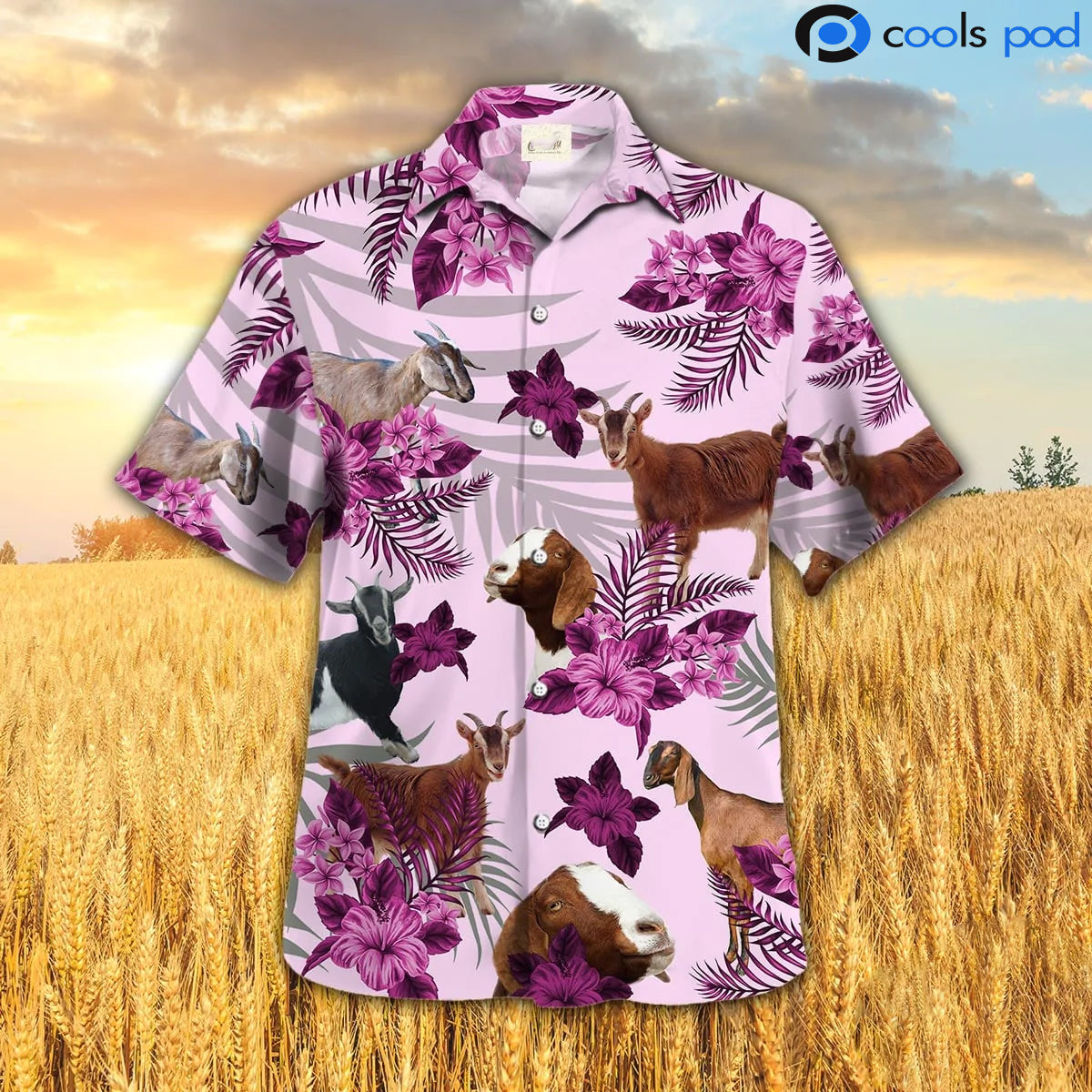 Goat Hibiscus Pattern Pink Hawaiian Shirt, Goat Hawaiian Shirt, Gift For Goat Lovers HO4686