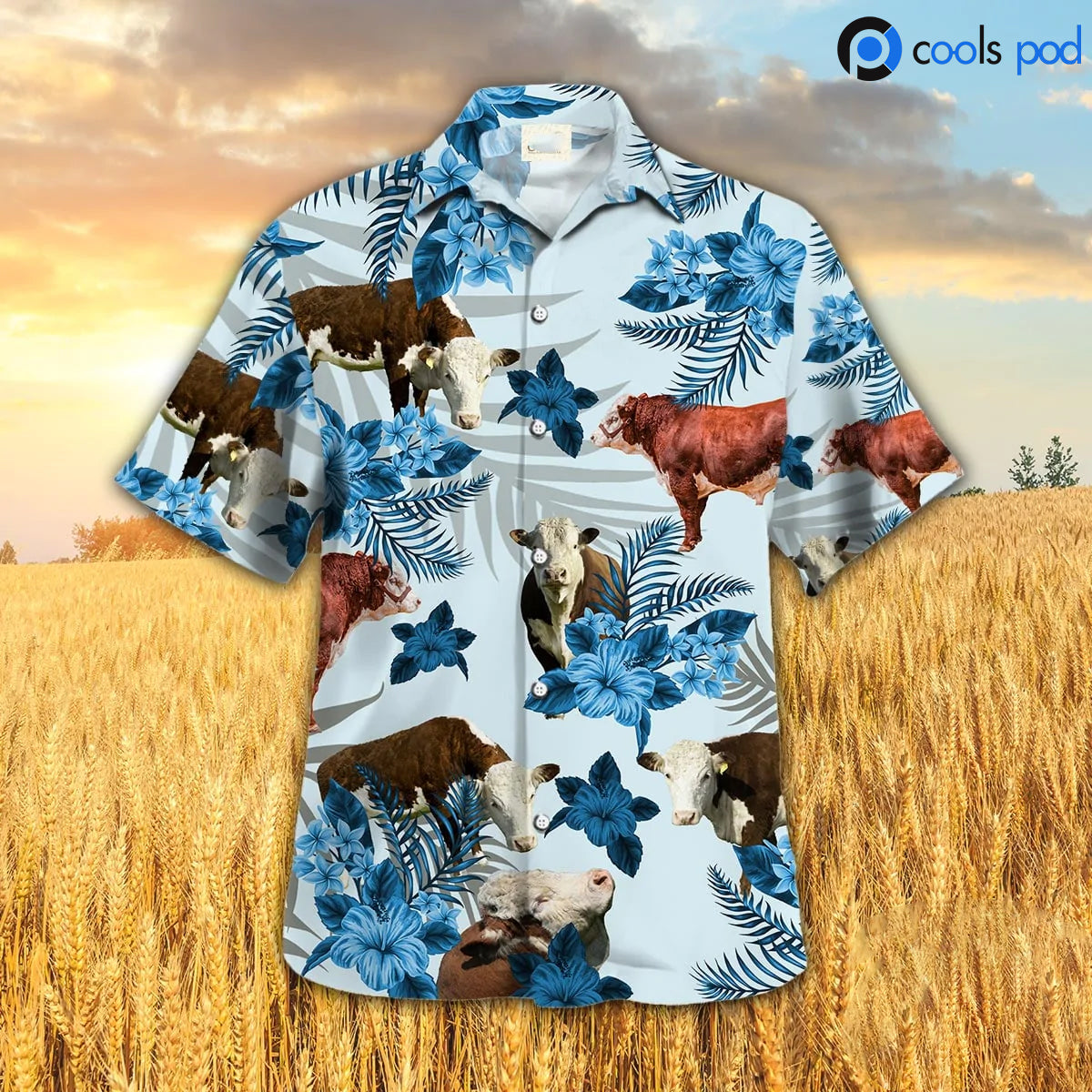 Hereford Hibiscus Hawaiian Shirt, Farm Cow Blue Hawaiian Shirt HO4679