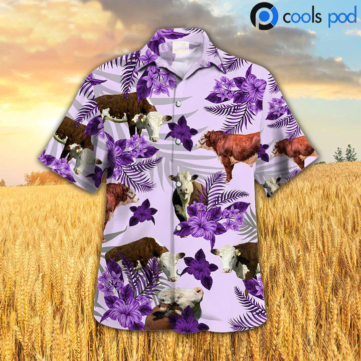 Hereford Purple Hibiscus Hawaiian Shirt, Farm Hawaiian Shirt HO0348