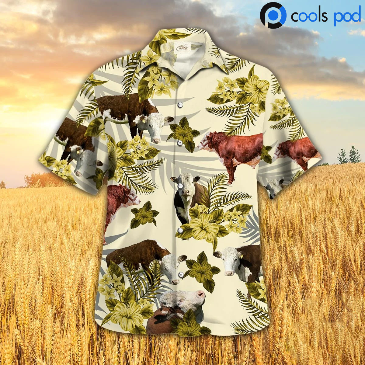 Hereford Hibiscus Pattern Hawaiian Shirt, Yellow Cool Farm Hawaiian Shirts HO4682