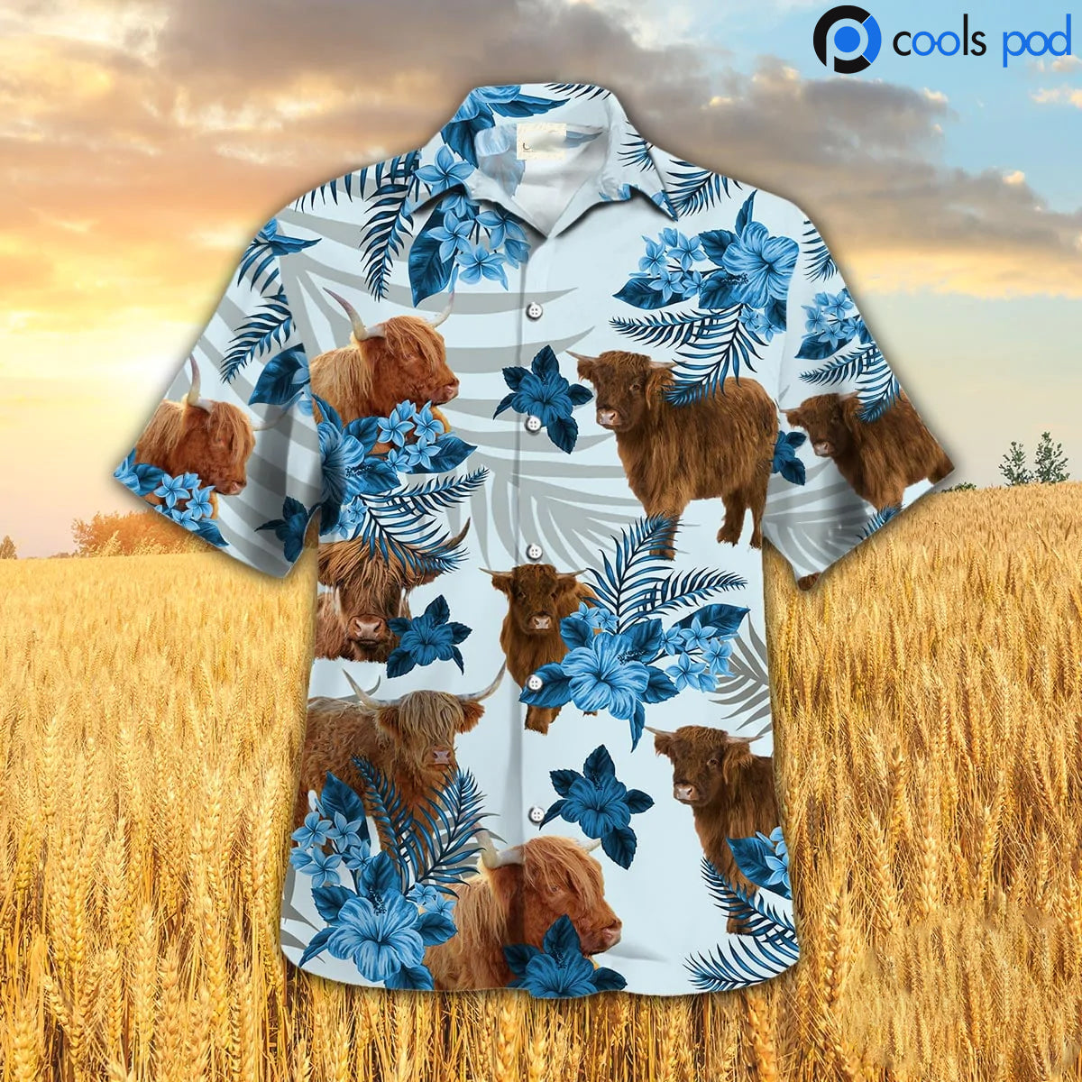 Highland Hibiscus Hawaiian Shirt, Blue Cow Farm Hawaii Aloha Beach Shirt Short Sleeve HO4694