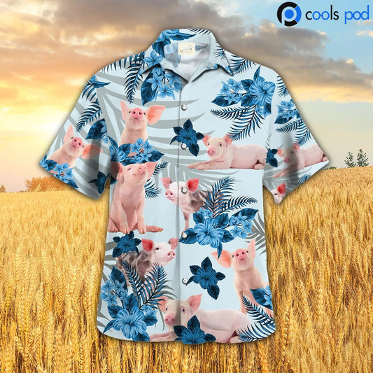 Pig Blue Hibiscus Hawaiian Shirt, Hawaiian Shirt Men Women, Gift For Pig Lovers HO0139