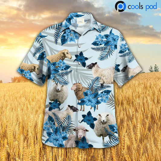 Sheep Hibiscus Blue Pattern Hawaiian Shirt, Farm Hawaiian Shirt For Men Women, Best Summer Hawaii Shirts HO0358