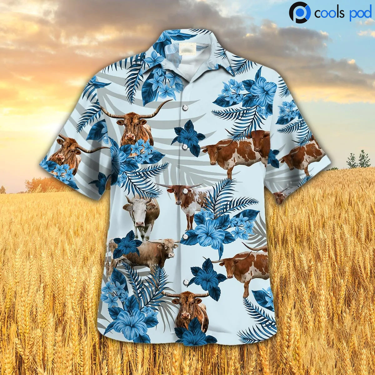 Texas Longhorn Hibiscus Hawaiian Shirt, Blue Cow Hawaiian Shirt, Farm Hawaii Shirts HO4687