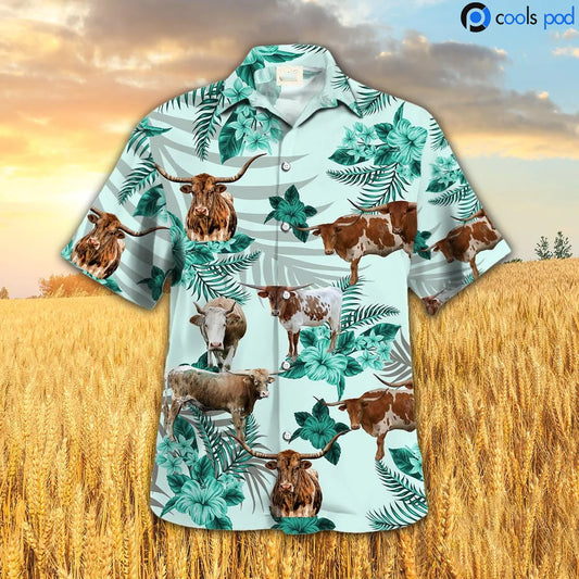 Texas Longhorn Hibiscus Hawaiian Shirt, Best Cow Hawaiian Shirt, Hawaiian Shirt For Men Women HO0351