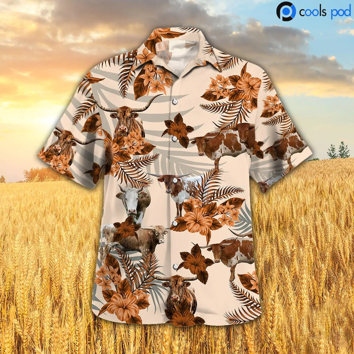 Texas Longhorn Hibiscus Hawaiian Shirt, Orange Cow Hawaiian Shirt, Hawaiian Shirt For Men Women HO0039