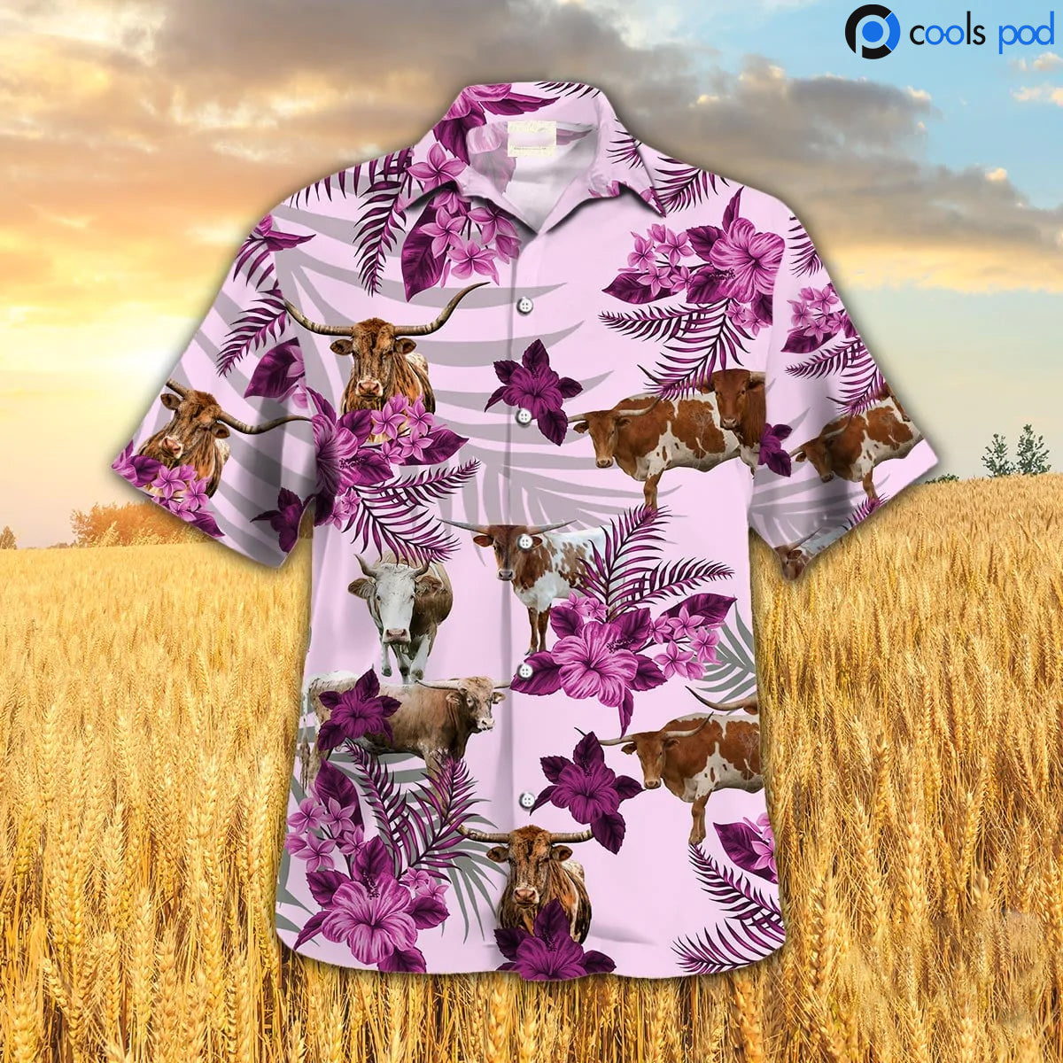 Texas Longhorn Hibiscus Hawaiian Shirt, Pink Cow Hawaiian Shirt, Farmer Hawaiian Shirt Men Women HO0352