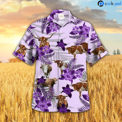 Texas Longhorn Hibiscus Hawaiian Shirt, Purple Cow Hawaiian Shirt, Farm Hawaii Shirts HO4676