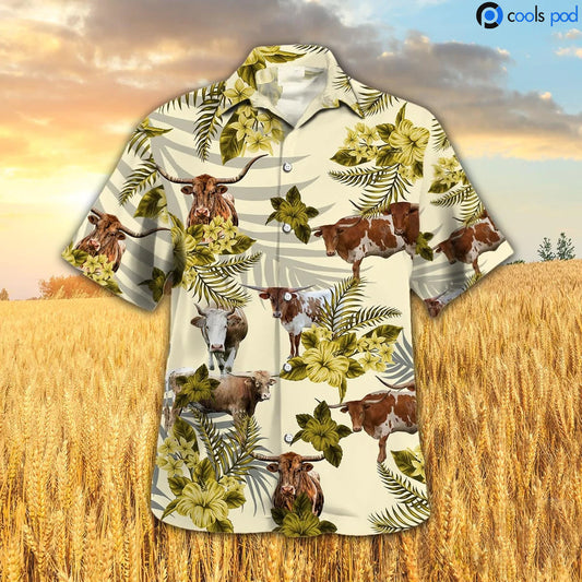 Texas Longhorn Hibiscus Hawaiian Shirt, Yellow Cow Hawaiian Shirt, Farm Hawaiian Shirt Men Women HO4696