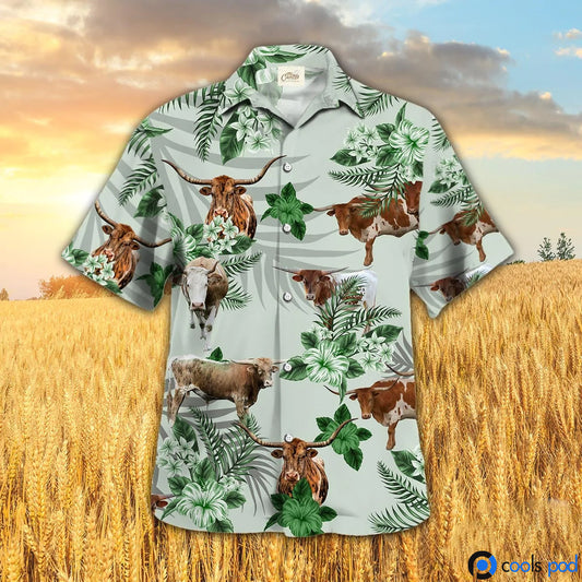 Texas Longhorn Hibiscus Hawaiian Shirt, Cow Farm Hawaiian Shirt, Best Hawaii Aloha Beach Shirt Men Women HO4695