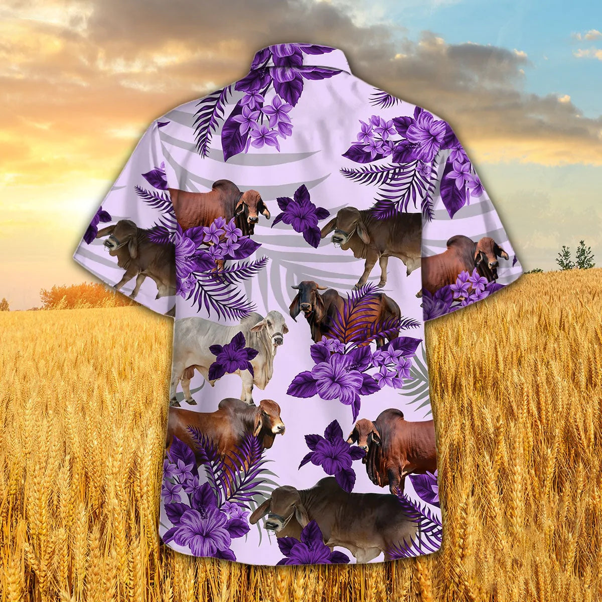 Brahman Full Colors Hibiscus Hawaiian Shirt, Farm Cow Purple Hawaiian Shirts HO0353