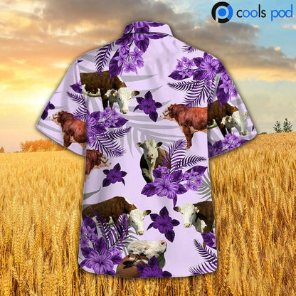 Hereford Purple Hibiscus Hawaiian Shirt, Farm Hawaiian Shirt HO0348