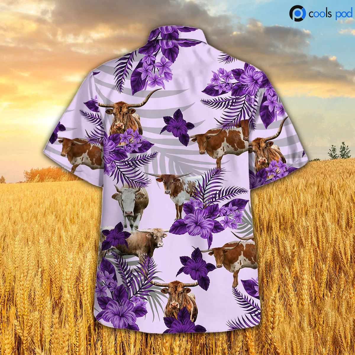 Texas Longhorn Hibiscus Hawaiian Shirt, Purple Cow Hawaiian Shirt, Farm Hawaii Shirts HO4676