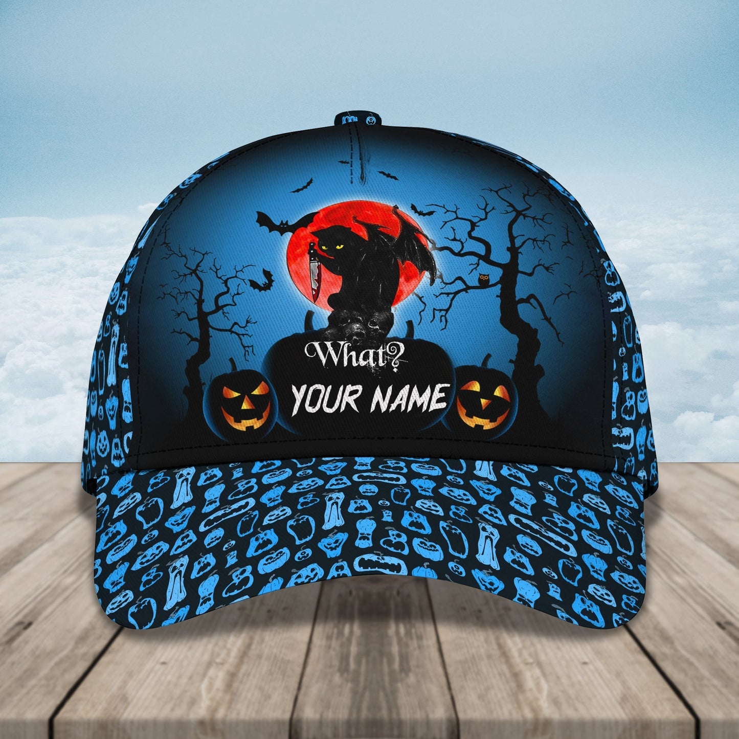 Funny Cat Holding Knife Halloween Hats Custom Name Baseball Cap Halloween Gifts CO0988