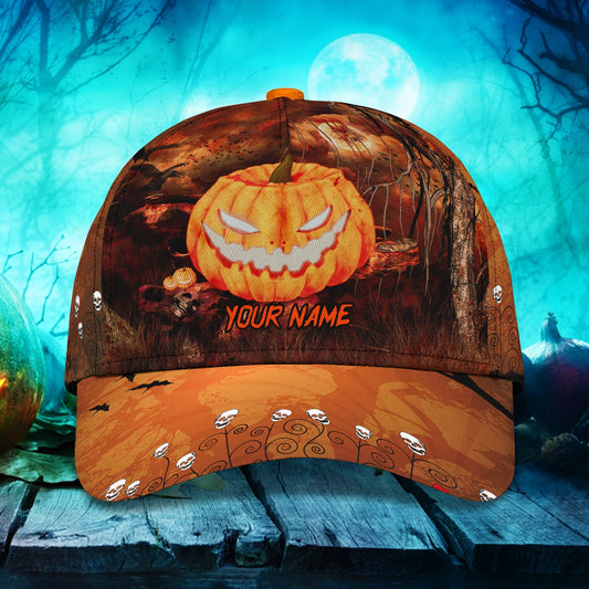 Skull Pumpkin Carving Halloween Hats Unisex Custom Text Trucker Cap, Halloween Cap with Adjustable Snap CO0990