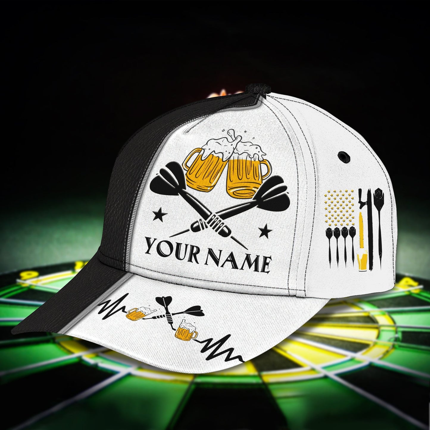 Customized Darts 3D Baseball Cap for Men and Women, Black White Dartboard, Dart and Beer Cap CO0085